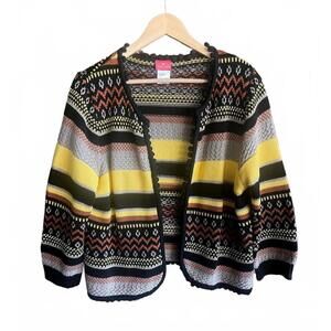 Together Womens Cardigan Sz 10 Black Yellow Open Front 3/4 Sleeve Boho